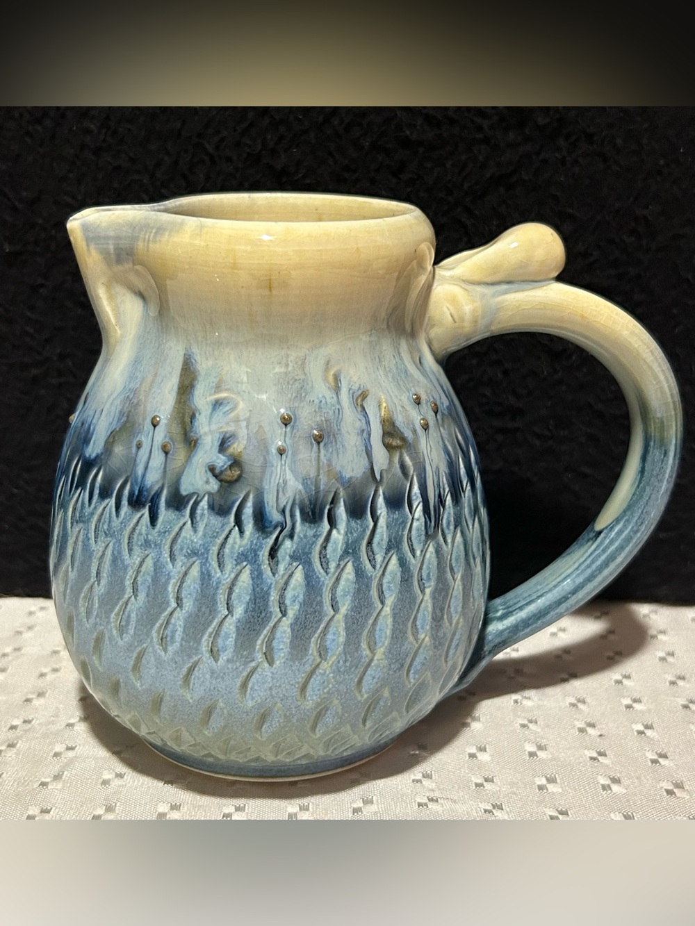 Hand Thrown Signed Studio Art Pottery Pitcher Multi Blue Drip Glaze Stunning